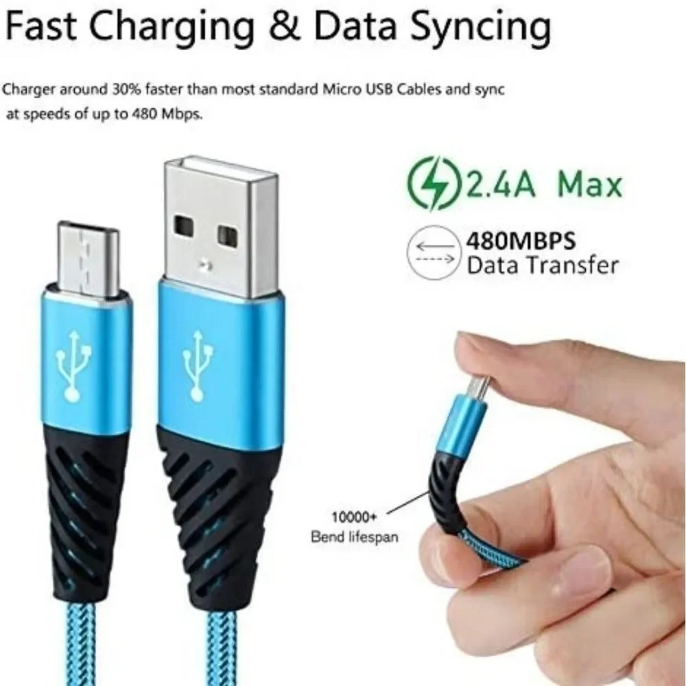 4 Pk MICRO USB Cable 1FT Short Phone Charger Nylon Braided Android NEW